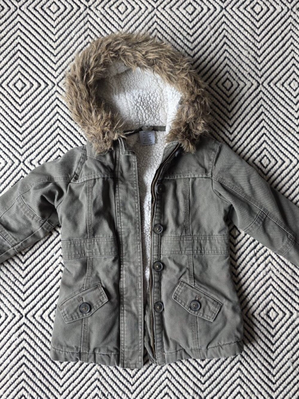 Size 5 Carhartt Olive Green Canvas Coat / Jacket w/ Faux Fur-Trimmed Hood